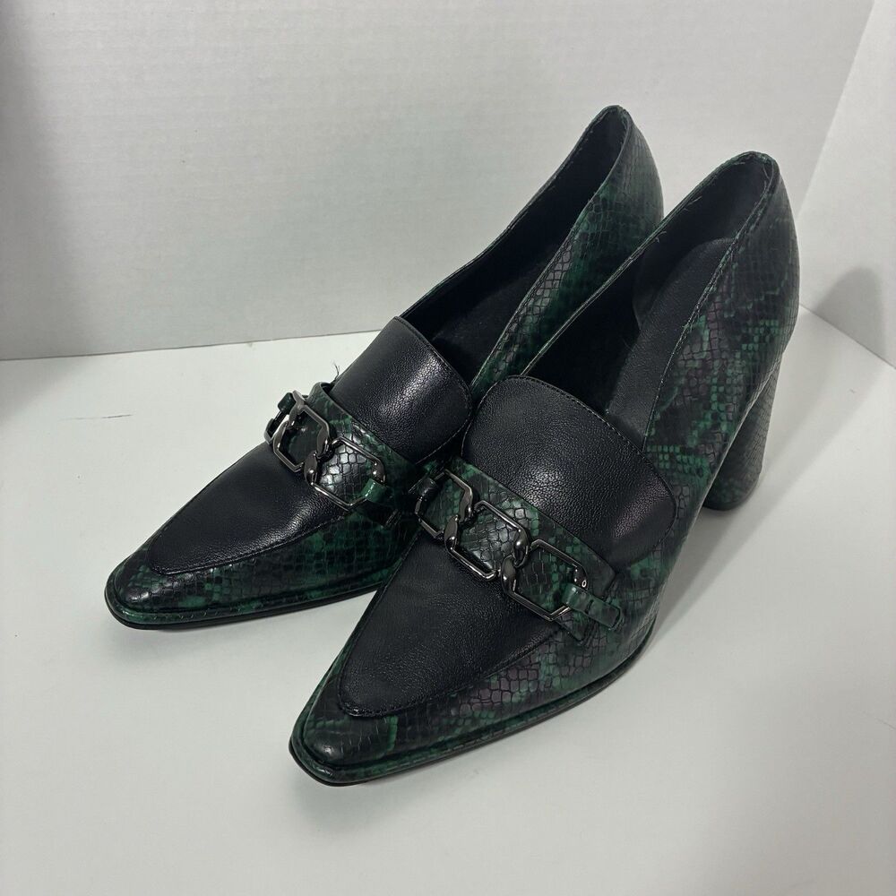 Nordstrom Rack Women’s Size 12M Green Snakeskin Loafer Pumps Block Heels